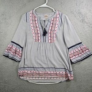 Como Vintage Top Blouse Women Small Tie Neck‎ Tassel White Blue Pink